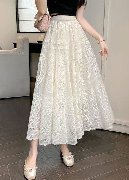 Jupe d'été taille fine en dentelle brodée abricot élastique