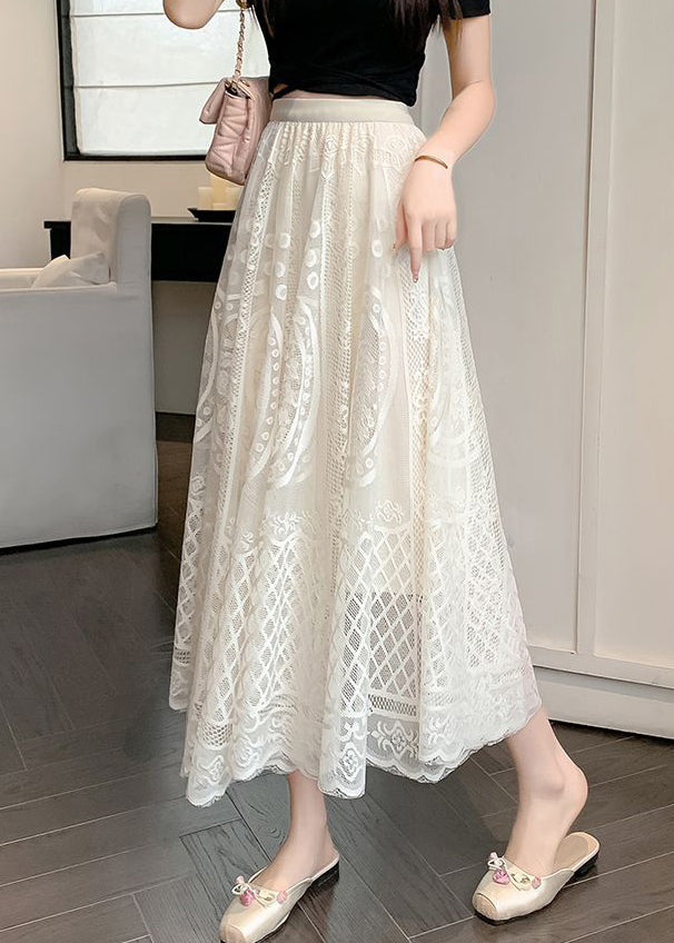 Jupe d'été taille fine en dentelle brodée abricot élastique