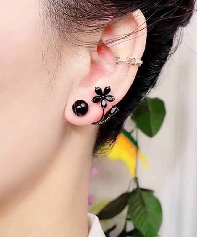 Fine Black Alloy Inlaid Gem Stone Floral Stud Earrings GH1086