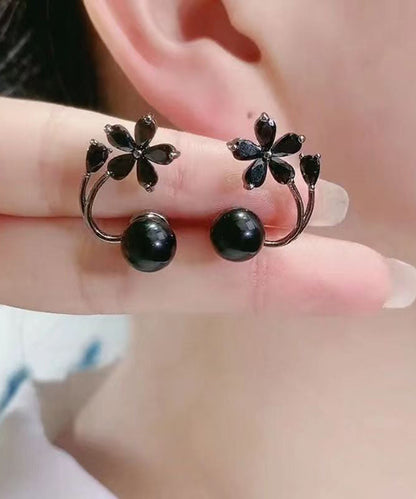 Fine Black Alloy Inlaid Gem Stone Floral Stud Earrings GH1086