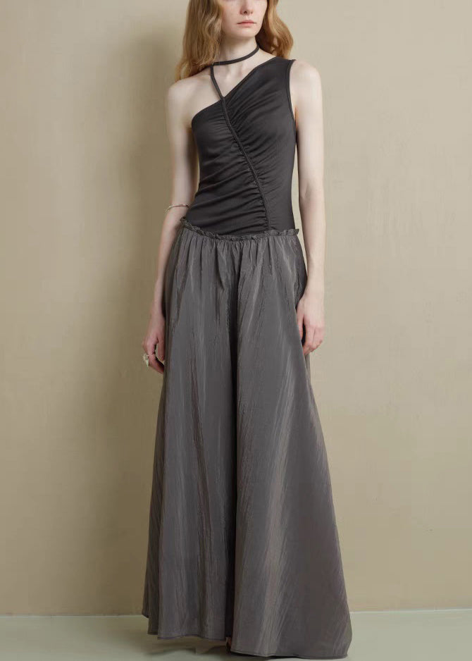 Knitting Asymmetrical Cotton Black Ruffled Patchwork Fine Long