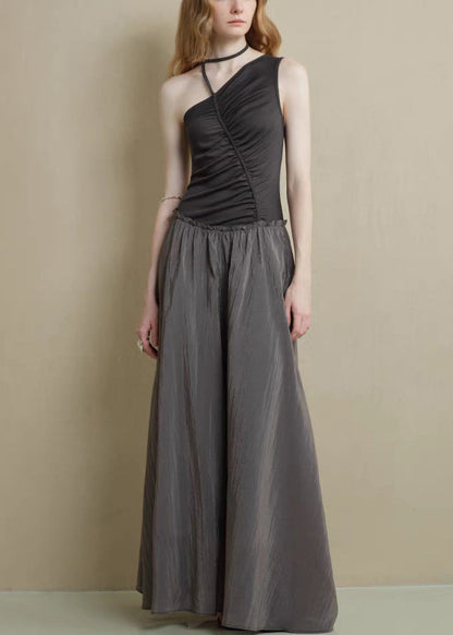 Knitting Asymmetrical Cotton Black Ruffled Patchwork Fine Long