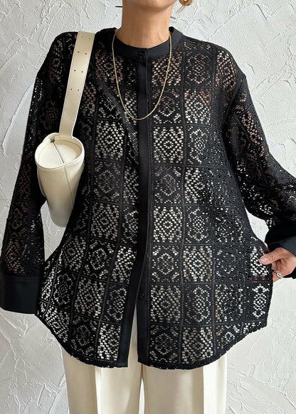 Open Black Lace Hollow Out Fine Side Summer Tops