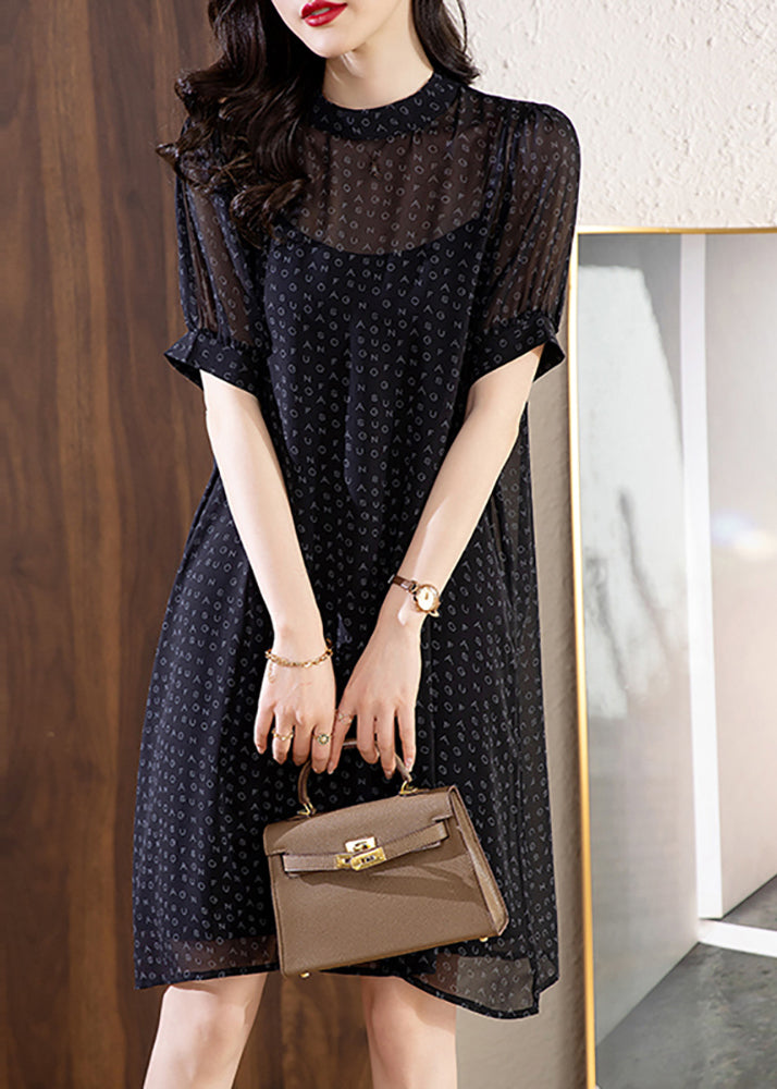 Fine Black Letter Print Chiffon Dress Two Pieces Set Summer YY027