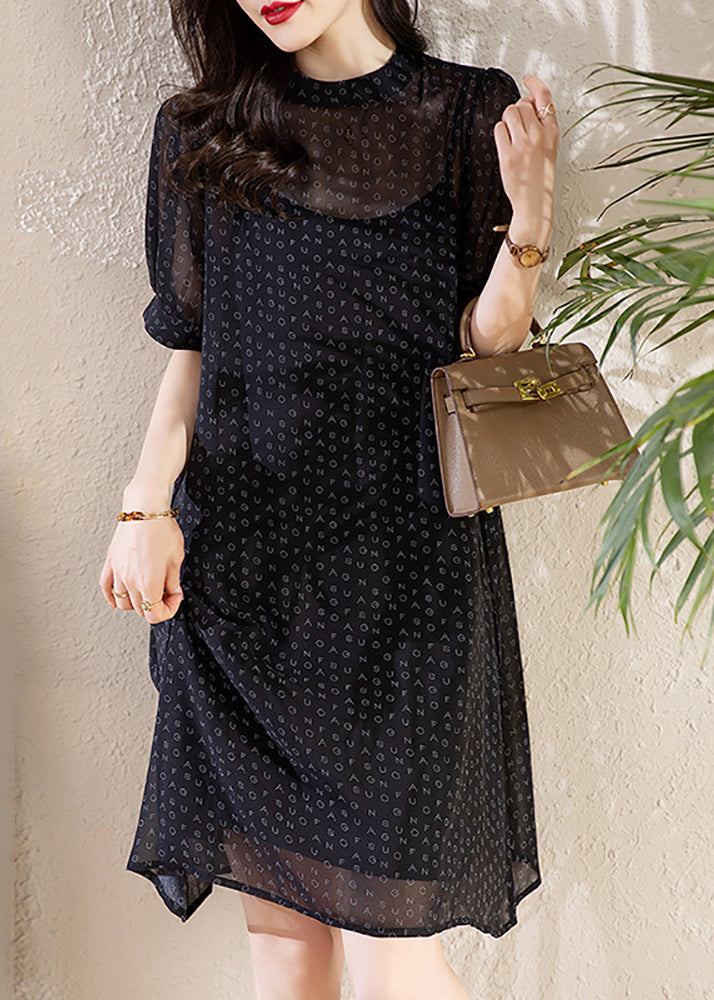 Fine Black Letter Print Chiffon Dress Two Pieces Set Summer YY027