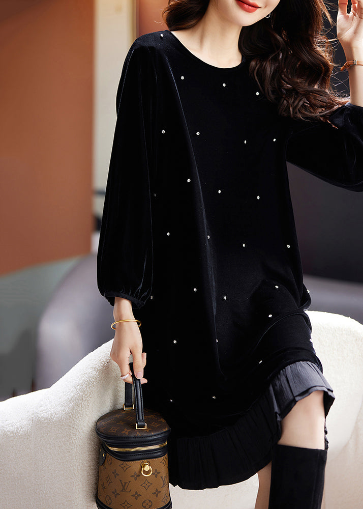 Fine Black O Neck Nail Bead Patchwork Velvet Dress Fall AC1007