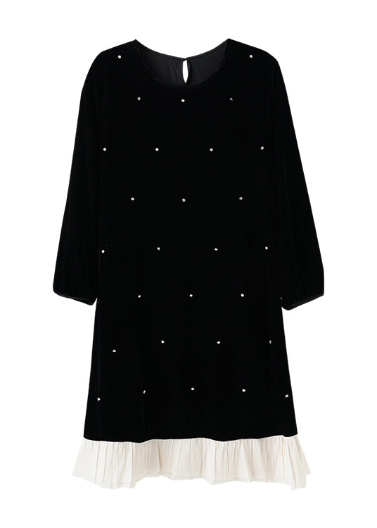 Fine Black O Neck Nail Bead Patchwork Velvet Dress Fall AC1007