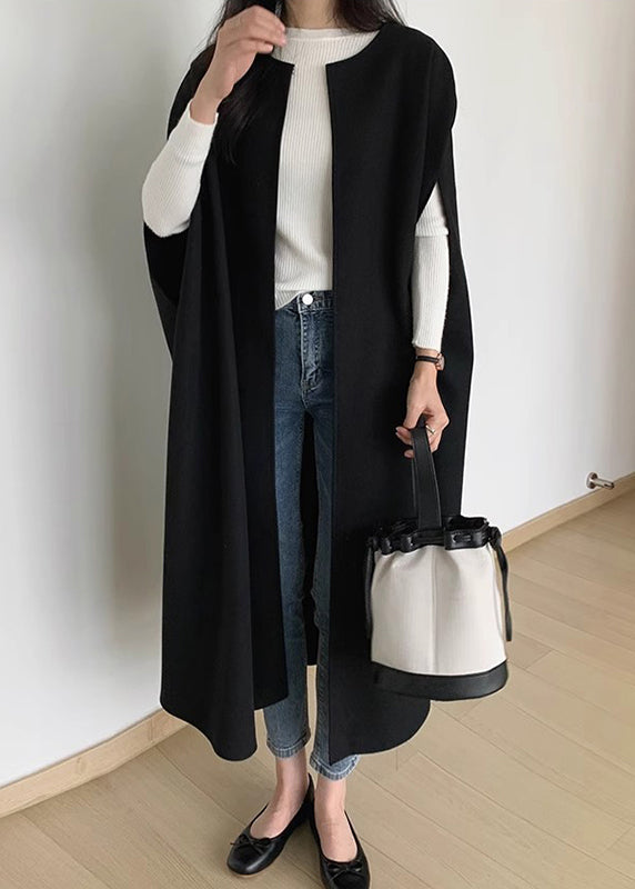 Fine Black O Neck Woolen Coats Cloak Sleeves WO026