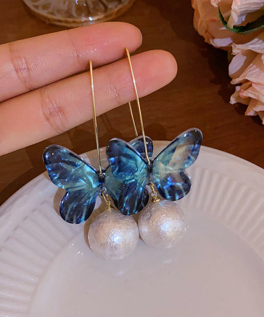 Fine Blue Acrylic Pearl Butterfly Drop Earrings PO076