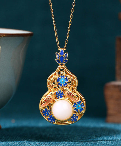 Collier pendentif en forme de gourde en forme de fleur de lotus en émail bleu ancien et doré KX1073