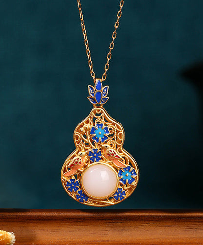 Collier pendentif en forme de gourde en forme de fleur de lotus en émail bleu ancien et doré KX1073