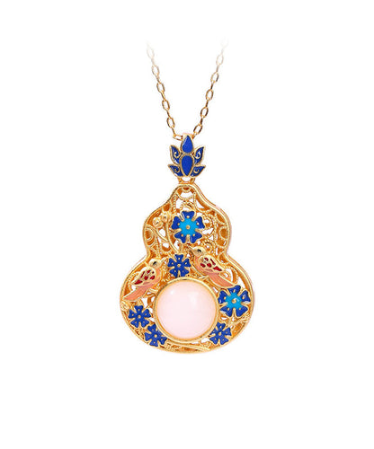 Collier pendentif en forme de gourde en forme de fleur de lotus en émail bleu ancien et doré KX1073