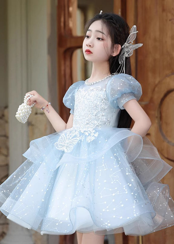 Robe longue d'été en tulle avec nœud en perles bleues pour filles QV008