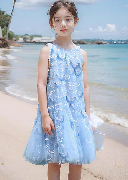 Robe longue en tulle à paillettes bleu marine à col rond pour fille sans manches EW003