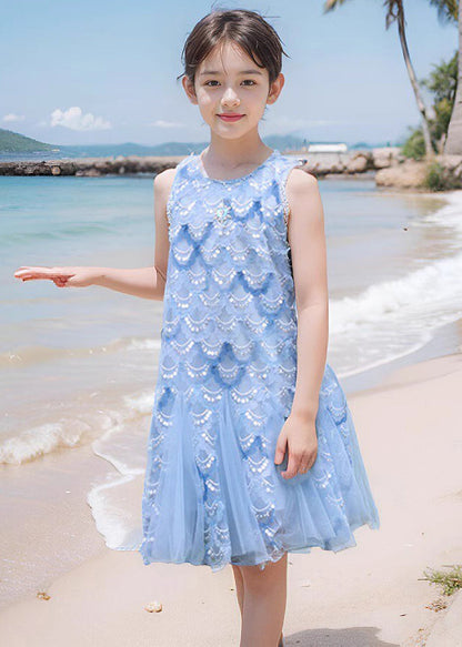 Robe longue en tulle à paillettes bleu marine à col rond pour fille sans manches EW003