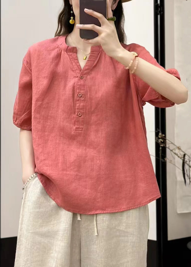 Haut d'été en lin bleu à col boutonné et manches en V