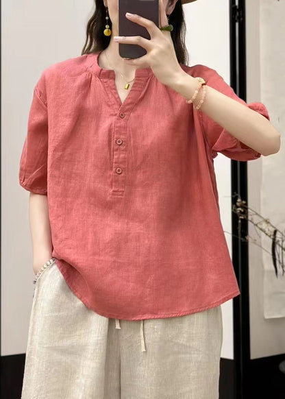 Haut d'été en lin bleu à col boutonné et manches en V