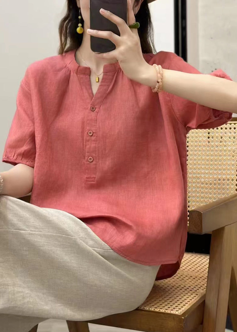 Haut d'été en lin bleu à col boutonné et manches en V