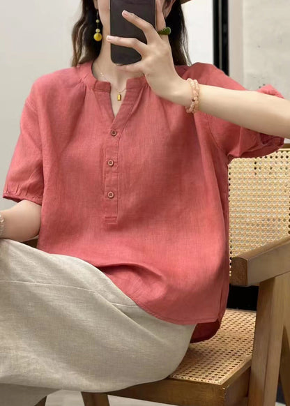 Haut d'été en lin bleu à col boutonné et manches en V