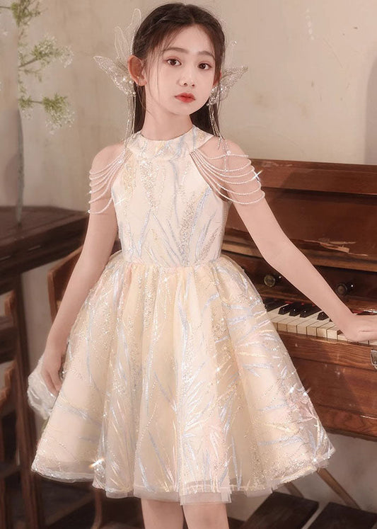 Fine Champagne O-Neck Nail Bead Tassel Tulle Girls Long Dresses Summer QV022