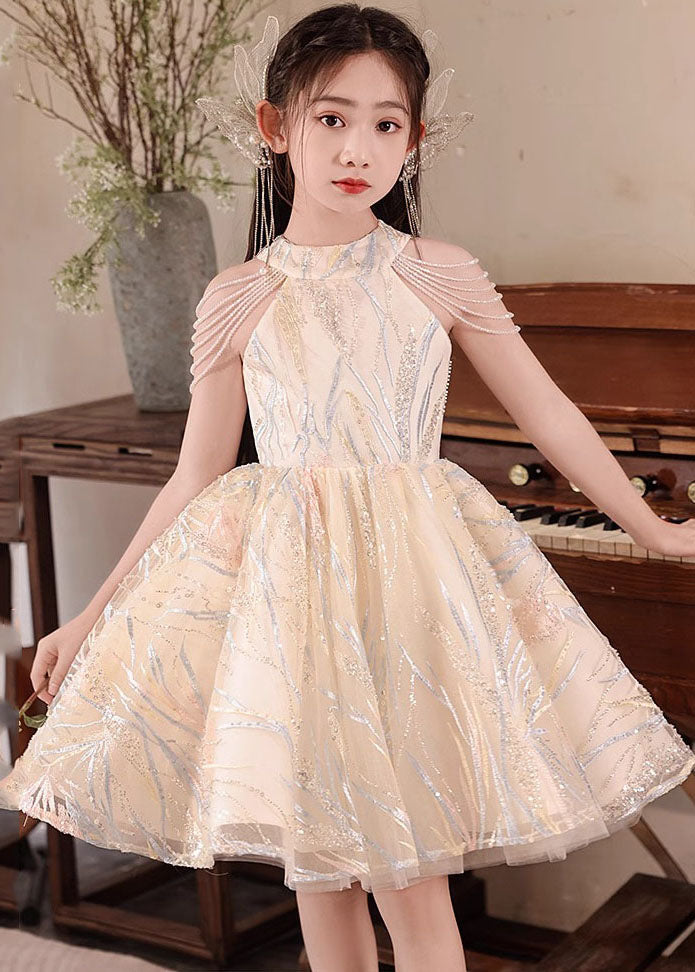 Fine Champagne O-Neck Nail Bead Tassel Tulle Girls Long Dresses Summer QV022