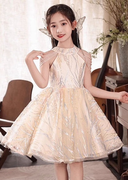 Robe longue d'été en tulle à col rond et perles pour filles, couleur champagne, QV022