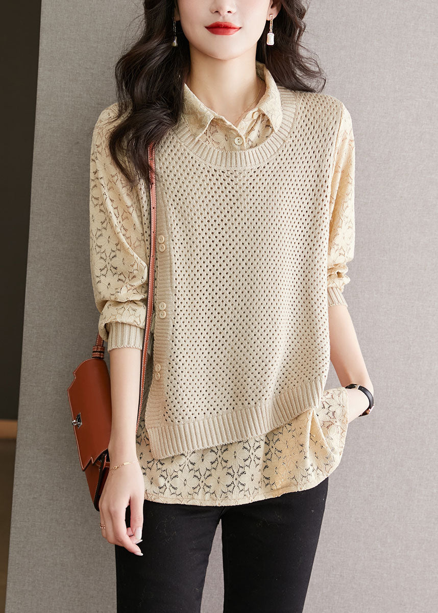 Fine Coffee Peter Pan Collar Lace Patchwork False Two Pieces Knit Tops Fall QL050