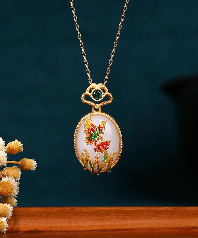 Collier avec pendentif en forme de papillon et de fleur de jade en cristal surdoré en cuivre doré fin KX1069