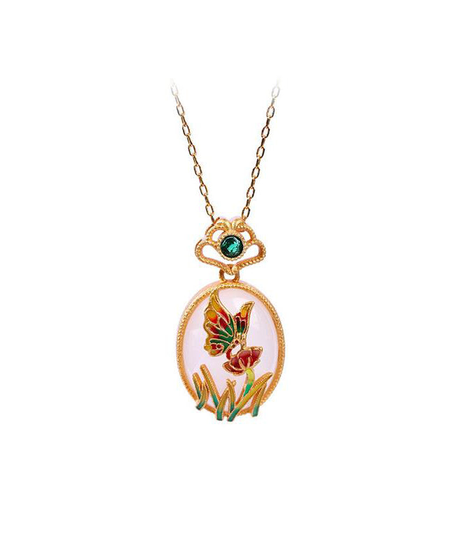 Collier avec pendentif en forme de papillon et de fleur de jade en cristal surdoré en cuivre doré fin KX1069