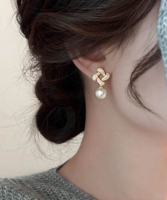 Fine Gold Copper Overgild Zircon Square Pearl Drop Earrings YX014