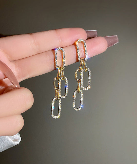 Fine Gold Sterling Silver Alloy Zircon Chain Tassel Drop Earrings QU051