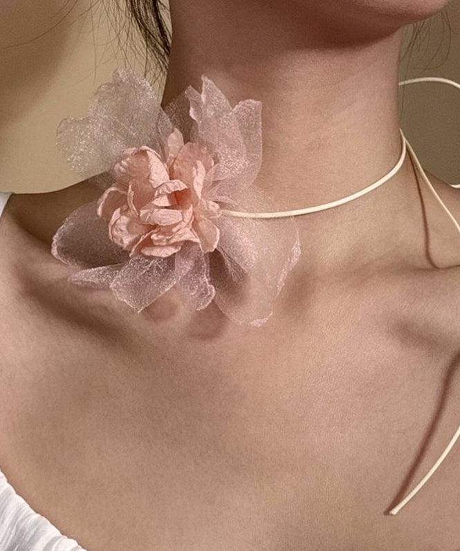 Collier ras du cou en tulle vert fin à fleurs YU004