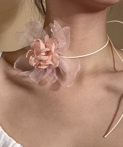 Collier ras du cou en tulle vert fin à fleurs YU004