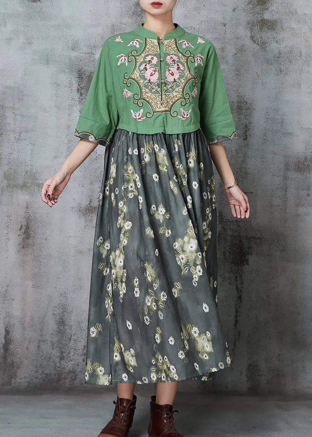 Fine Green Embroidered Patchwork Cotton Vacation Dresses Summer Ada Fashion