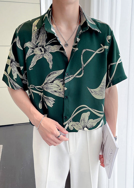 Fine Green Peter Pan Collar Print Loose Men Hawaiian Shirts Summer HG031