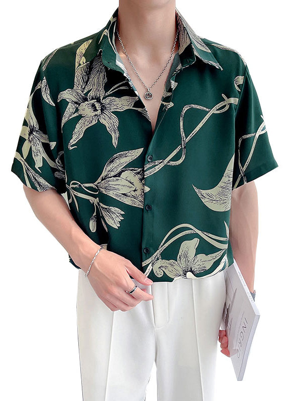 Fine Green Peter Pan Collar Print Loose Men Hawaiian Shirts Summer HG031