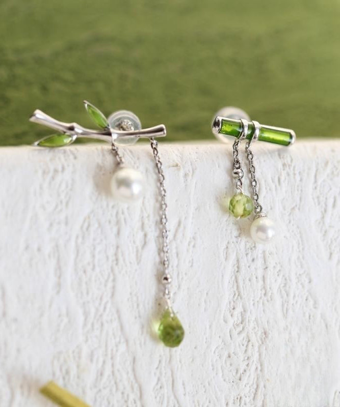 Silver Green Inlaid Bamboo Water Leaf Drop Fine Sterling Pearl