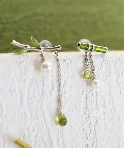Silver Green Inlaid Bamboo Water Leaf Drop Fine Sterling Pearl
