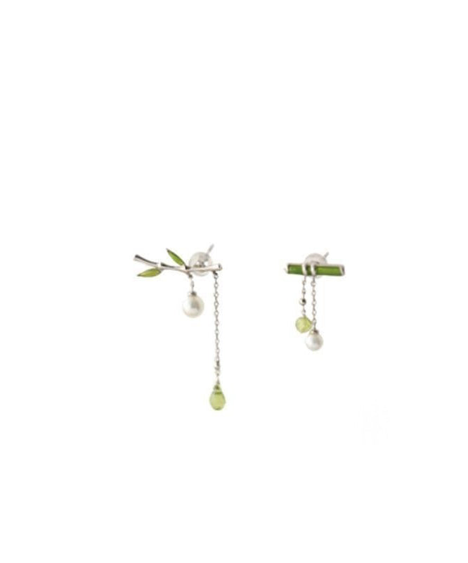 Silver Green Inlaid Bamboo Water Leaf Drop Fine Sterling Pearl