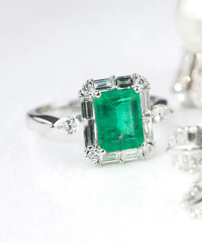 Fine Green Sterling Silver Zircon Crystal Square Rings AC1045