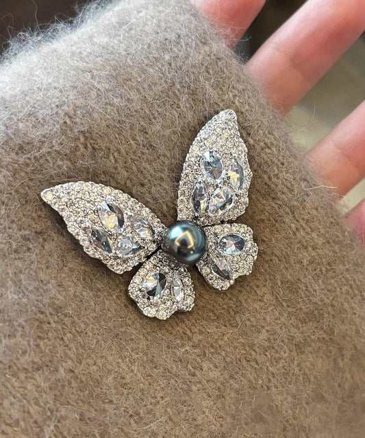 Broche papillon en alliage de zircon gris fin avec perles YD039
