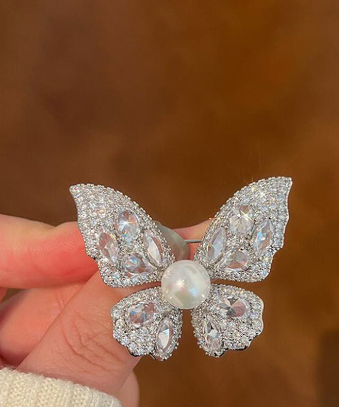 Broche papillon en alliage de zircon gris fin avec perles YD039