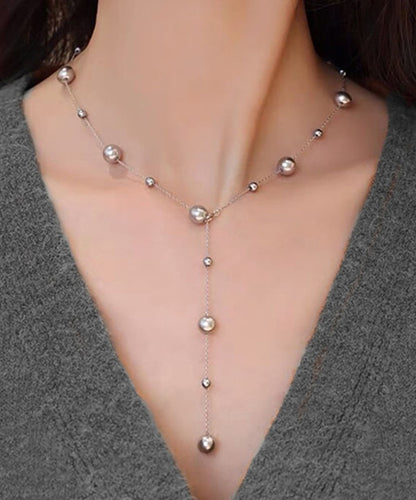 Collier Lariat en Acier Inoxydable Gris Fin avec Perles et Perles QU019