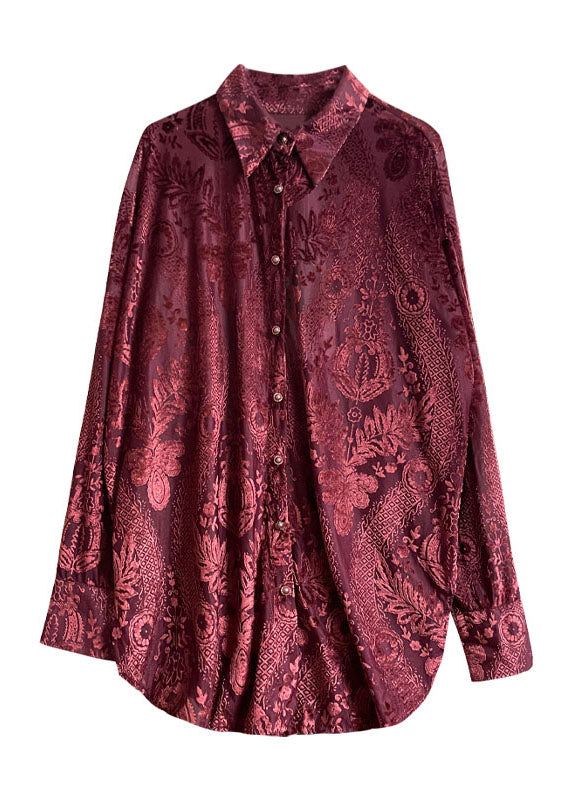 Fine Mulberry Peter Pan Collar Jacquard Silk Velour Shirts Fall WE021