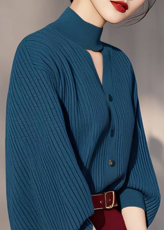 Pull en maille de coton ajouré à col roulé bleu paon fin, printemps TO038