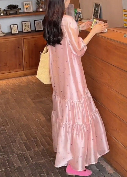 O-Neck Dress Fine Sleeve Print Pink Long Bracelet Silk