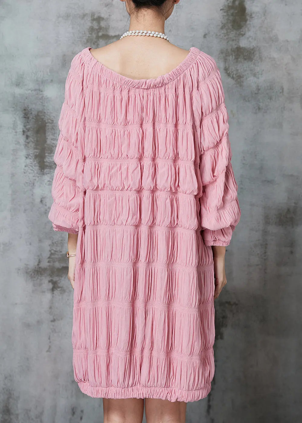 Fine Pink Slash Neck Wrinkled Cotton Mid Dress Spring Ada Fashion