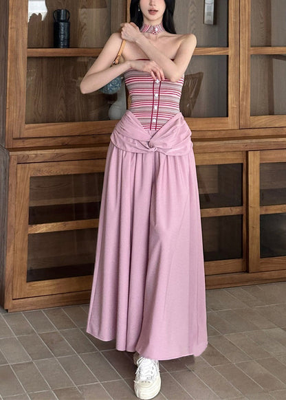 Two Patchwork Summer Dress Fake Long Striped Pink Fine Pieces