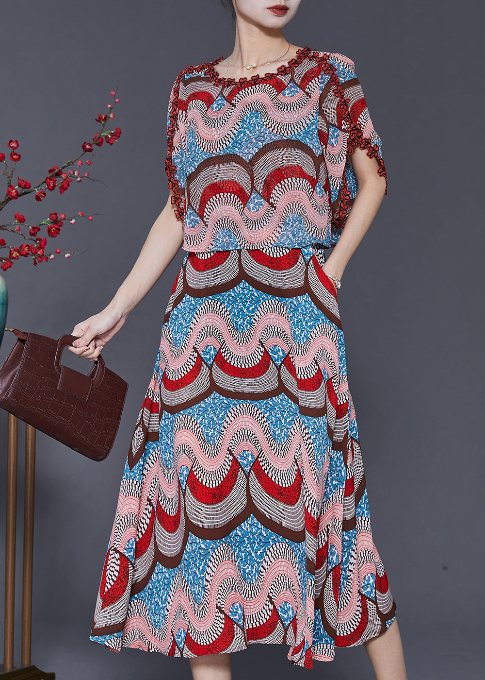 Fine Print Patchwork Chiffon Fake Two Piece Dresses Summer SD1038