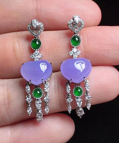 Fine Purple Sterling Silver Inlaid Zircon Love Jade Tassel Drop Earrings AC1027